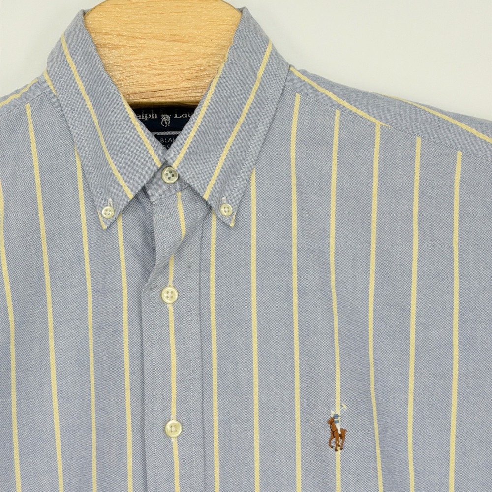 Vintage Ralph Lauren Button Down Men M Blue Yellow Pinstripe Blake Fit 90s Pony